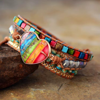 Preview: Handgefertigtes 7-Chakren Wickelarmband mit Herz in Edelstahlfassung